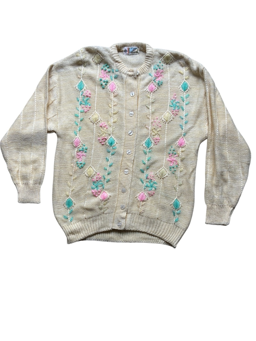 Vintage Oswal Women's Yellow Wool Embroidered Floral Cardigan Sweater Size Large